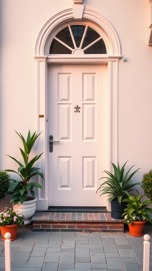 A soft pink front door with green plants on either side, creating a welcoming entryway.
