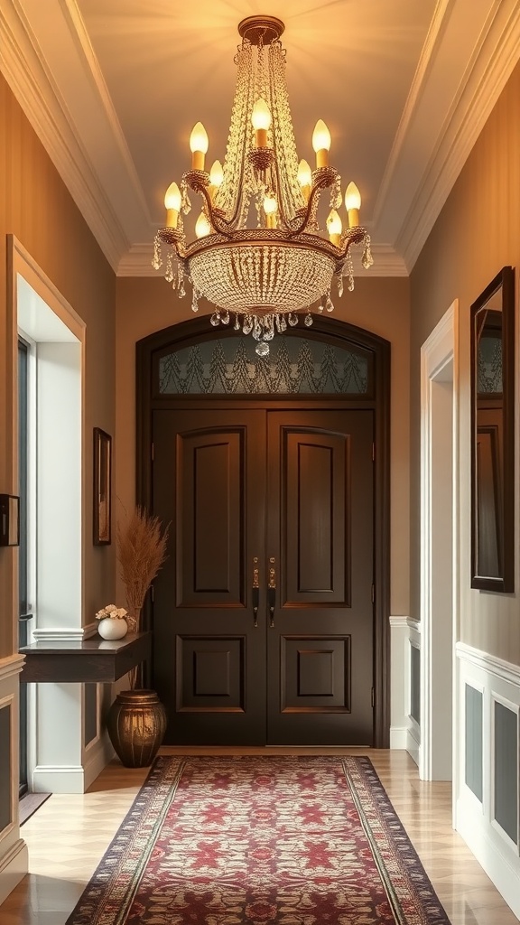 A stylish hallway with a chandelier, decorative lamps, and an elegant rug, creating a welcoming atmosphere.