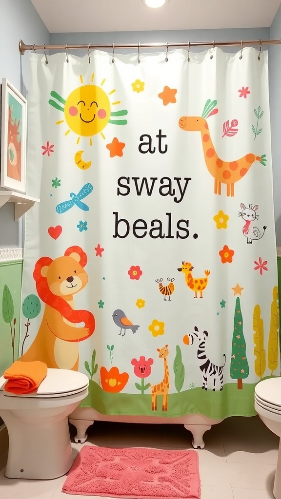 A colorful shower curtain featuring whimsical animal illustrations including a bear, giraffe, zebra, and a smiling sun.