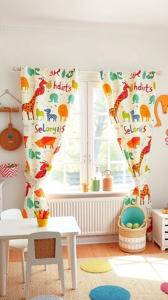 Colorful cafe curtains featuring whimsical animal designs in a bright room