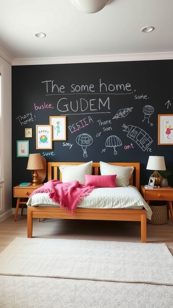 A bedroom featuring a whimsical chalkboard wall with colorful drawings and text, complemented by light wooden furniture and decorative frames.