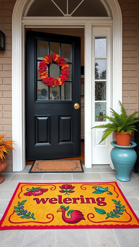 A colorful doormat with flowers and a flamingo design at the entrance of a home, complemented by a red floral wreath on the door.