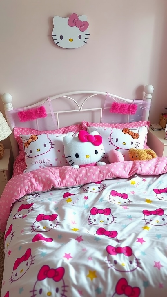 A cozy Hello Kitty themed bed with a pink comforter, Hello Kitty pillows, and a cute wall decoration.