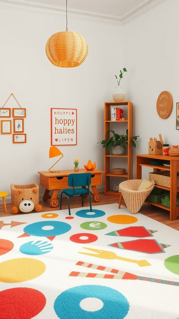 A colorful and playful rug with shapes like circles and triangles in a cozy living space.