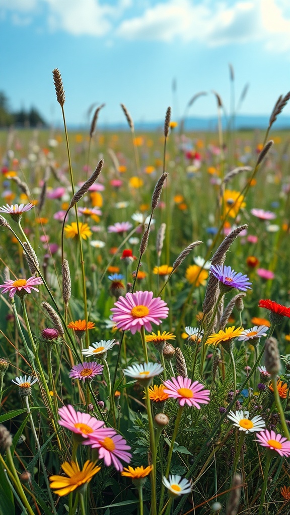 A vibrant wildflower meadow filled with various colorful flowers under a sunny sky.
