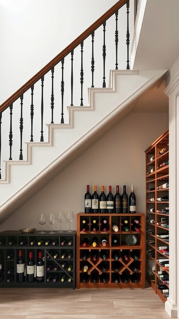 Under staircase wine storage with black and wooden wine racks