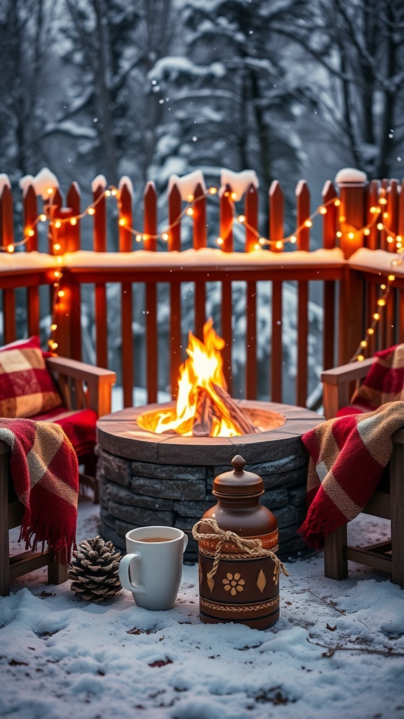 A cozy winter fire pit setup with chairs, blankets, a steaming cup of coffee, and twinkling lights.