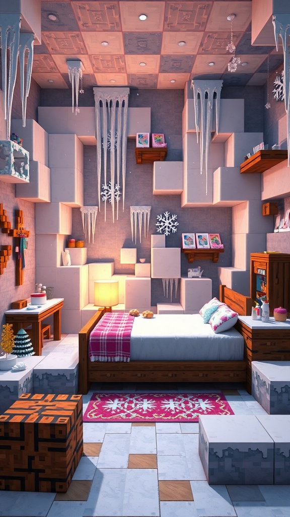 Cozy Minecraft bedroom designed as a winter wonderland with icicles, snowflakes, and warm decorations.