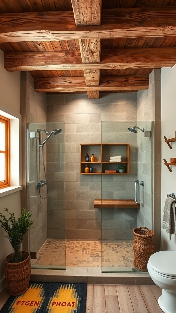 A rustic walk-in shower featuring a wood beam ceiling, glass partitions, and natural elements.