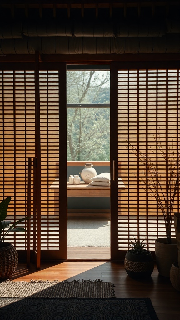 Interior view featuring wooden slat blinds on sliding doors, allowing natural light to filter in.