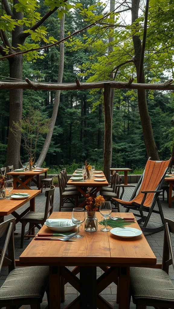 Woodland dining setup with wooden tables, chairs, and a natural backdrop of trees.