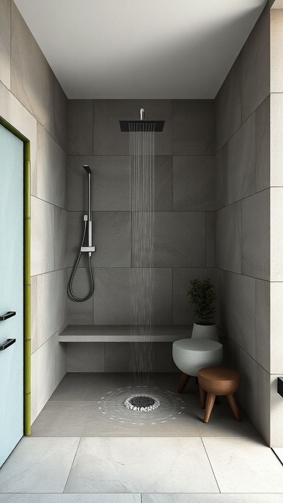 Zen-inspired stone shower design featuring natural stone walls, a rain shower head, and a minimalist bench.