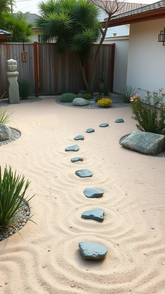 A serene Zen garden featuring raked sand, stepping stones, and lush plants.