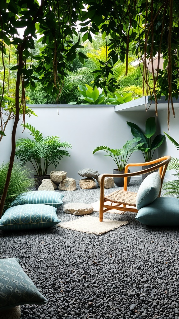 A serene Zen meditation corner with a wooden chair, cushions, and natural elements.