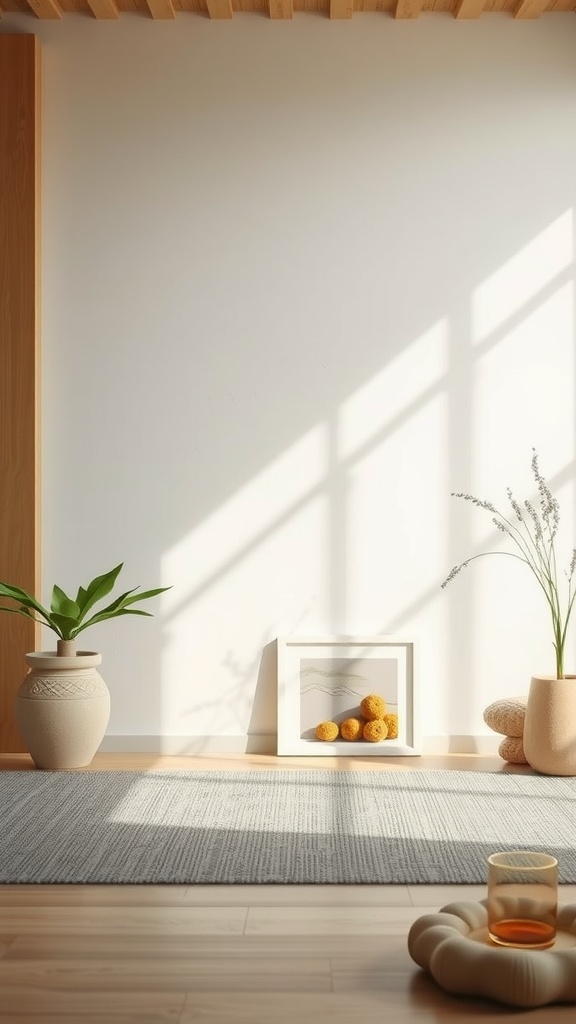 A minimalist Zen meditation space with plants, soft lighting, and simple decor.