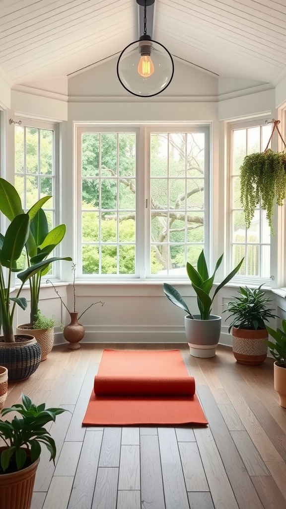A bright and serene meditation space in a three-season porch with plants and a yoga mat