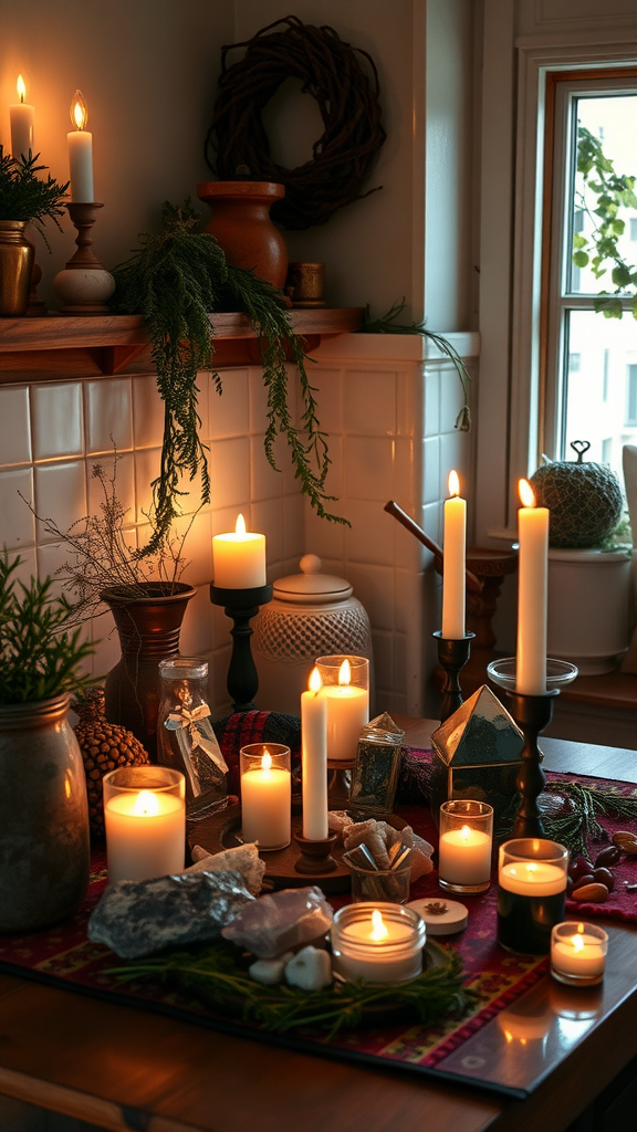 A witchy kitchen altar with candles, crystals, and herbs.