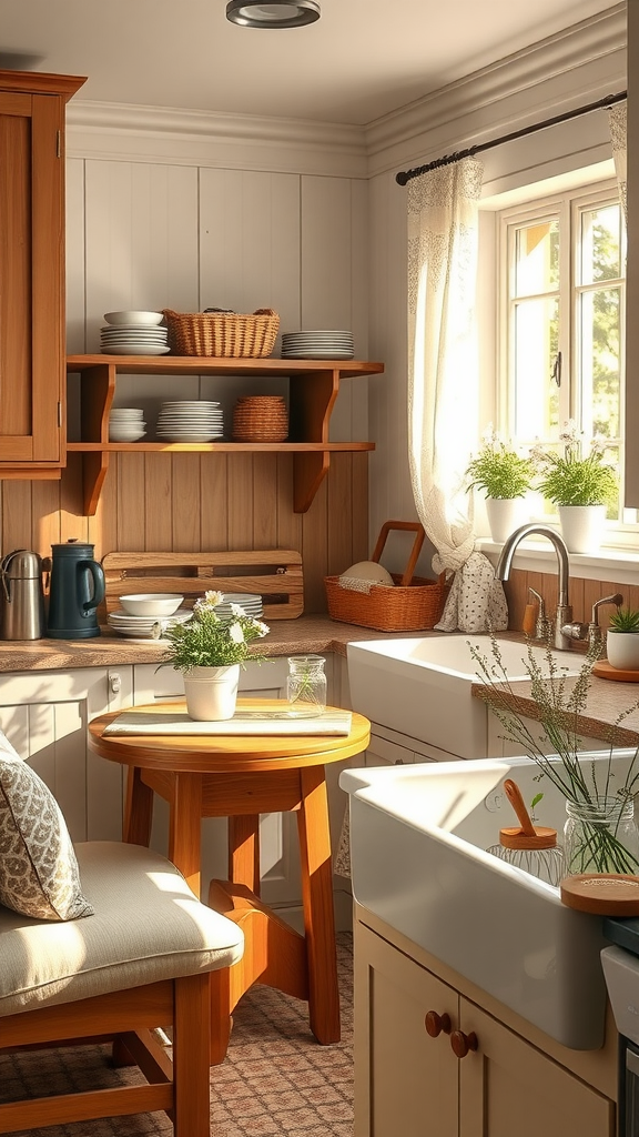 A cozy kitchen nook featuring a wooden table and soft seating, filled with plants and natural light.