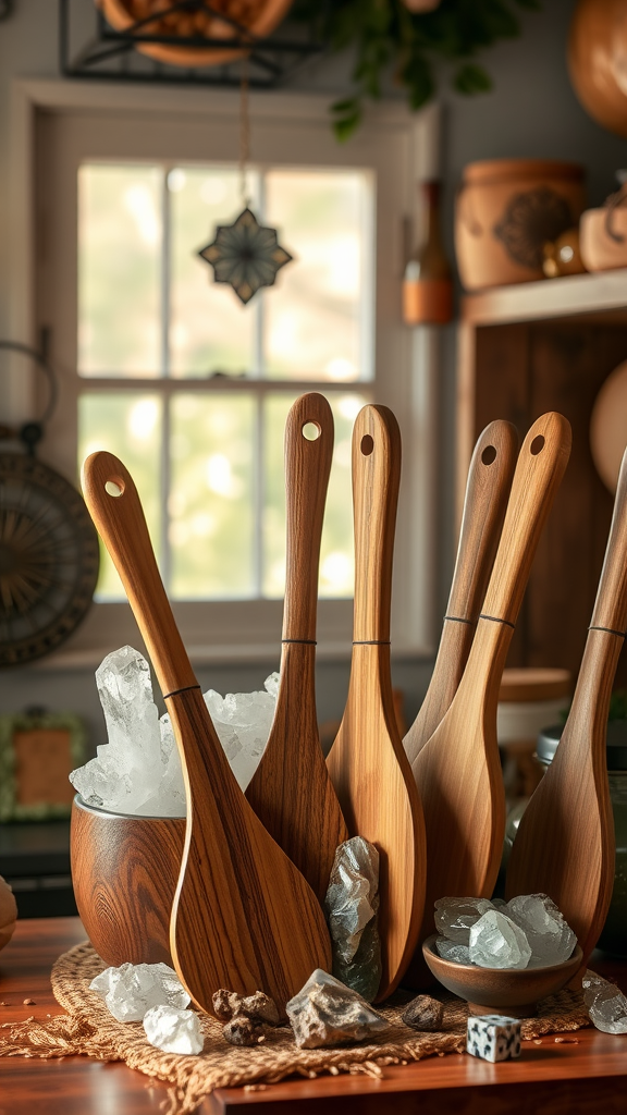 A collection of wooden cooking utensils surrounded by crystals and stones.