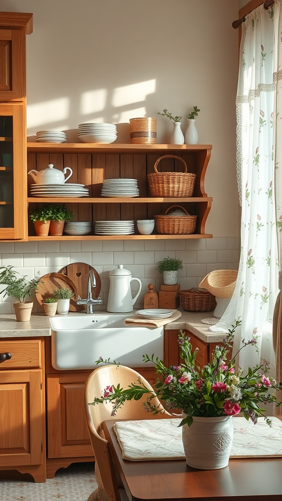 A cozy cottagecore kitchen with floral curtains, wooden shelves, and a vase of flowers on the table.