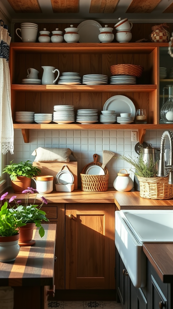 A cozy cottagecore kitchen with handmade ceramic dishware and plants.