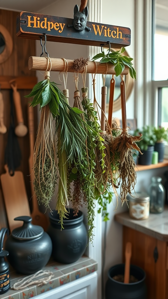 A wooden herb drying rack with various herbs hanging in a cozy kitchen setting.