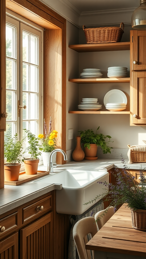 A cozy kitchen window with potted herbs and flowers on the sill.