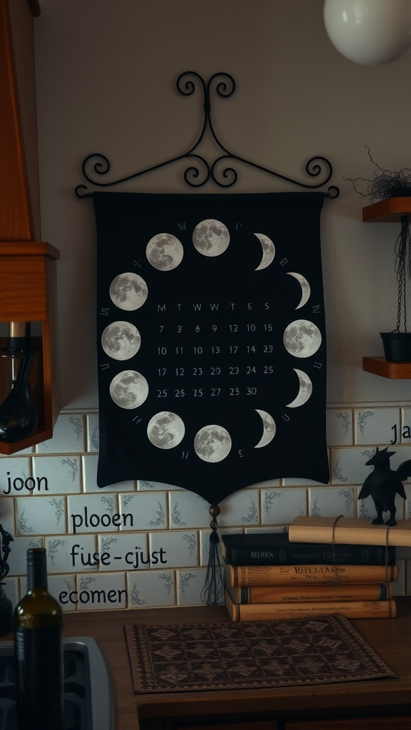 Moon phase calendar hanging on a wall in a cozy kitchen.