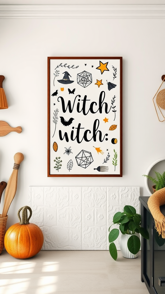 A colorful wall art piece with the word 'Witch' and nature-themed illustrations, placed in a cozy kitchen setting.