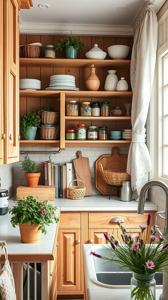 A cozy kitchen featuring open shelving with curated cookbooks, plants, and jars, showcasing a rustic and inviting atmosphere.