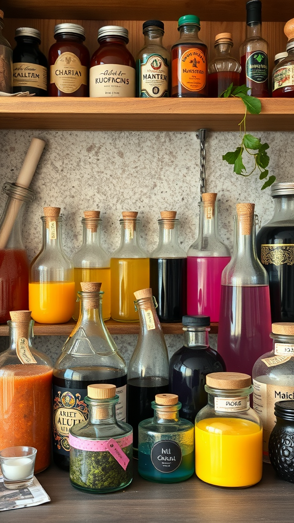 A collection of potion bottles filled with colorful liquids and herbs on a wooden shelf.