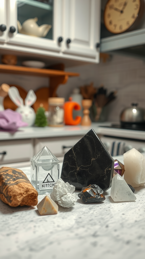 A variety of crystals displayed on a kitchen countertop with utensils and decor in the background.