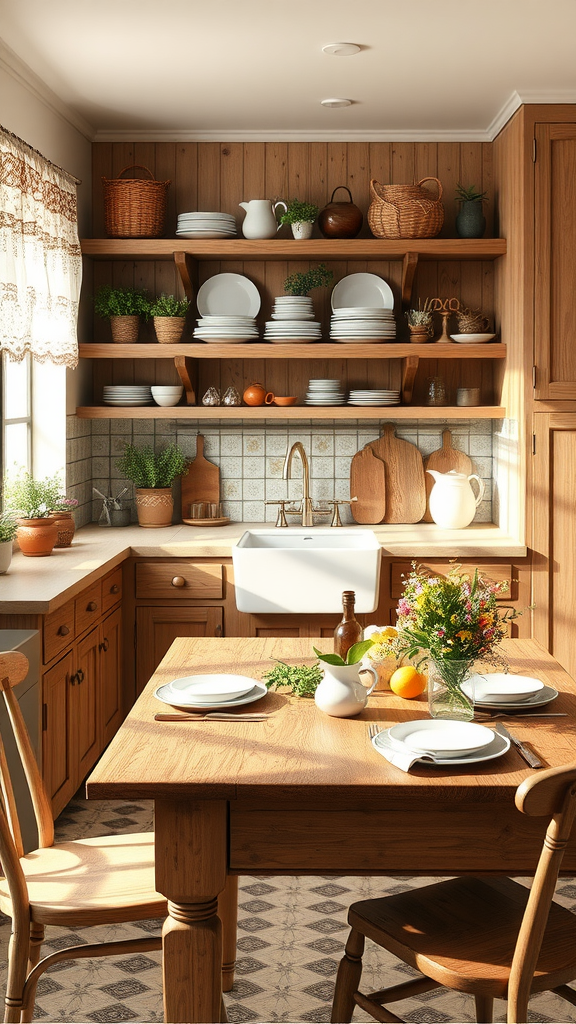 A rustic farmhouse kitchen with a wooden table set with white plates, a vase of flowers, and fresh herbs.