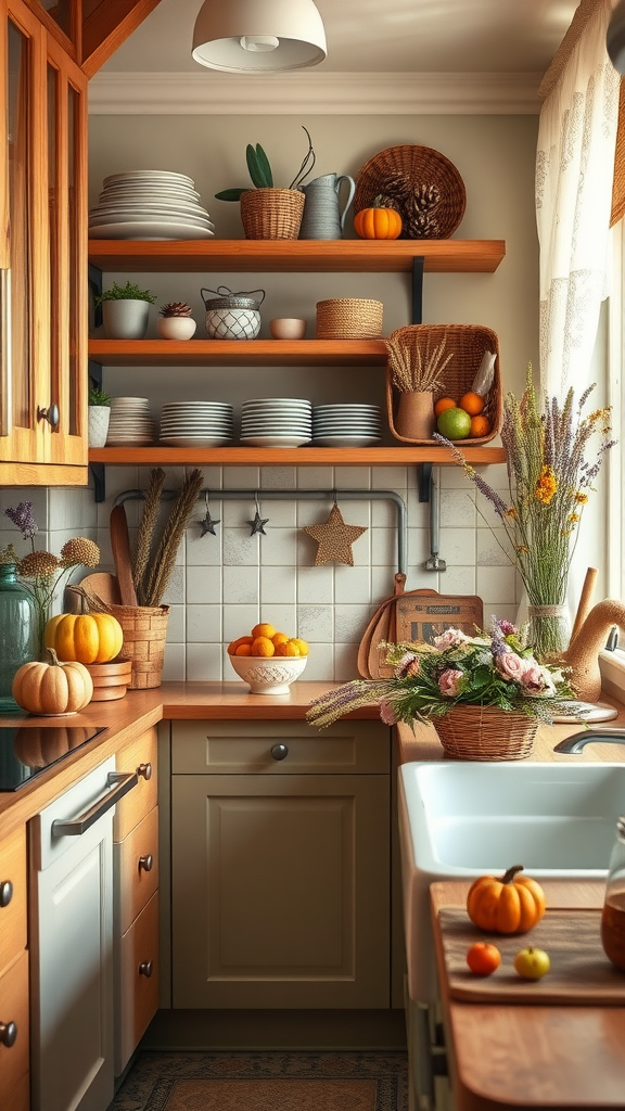 A cozy kitchen decorated with small pumpkins, fresh flowers, and natural elements.