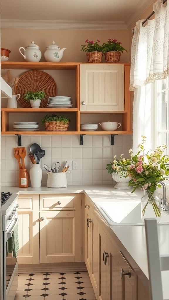 A cozy kitchen with soft pastel colors, featuring open shelves with pottery, plants, and a bouquet of flowers on the counter.