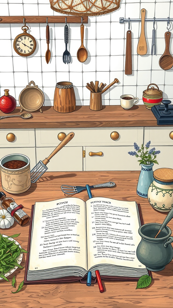 An open recipe book on a kitchen counter surrounded by various kitchen utensils and ingredients.