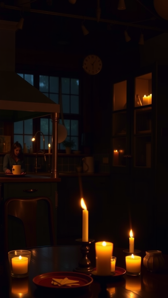 A dimly lit kitchen with candles on the table, creating a cozy and witchy atmosphere.