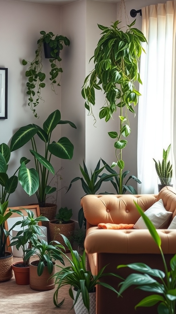 A cozy small living room filled with various green plants, including hanging and potted varieties, next to a tan couch.