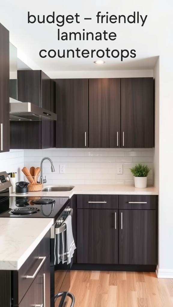 A modern kitchen with budget-friendly laminate countertops and dark cabinetry