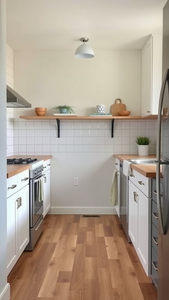 A modern small kitchen with wooden flooring, white cabinets, and open shelving.