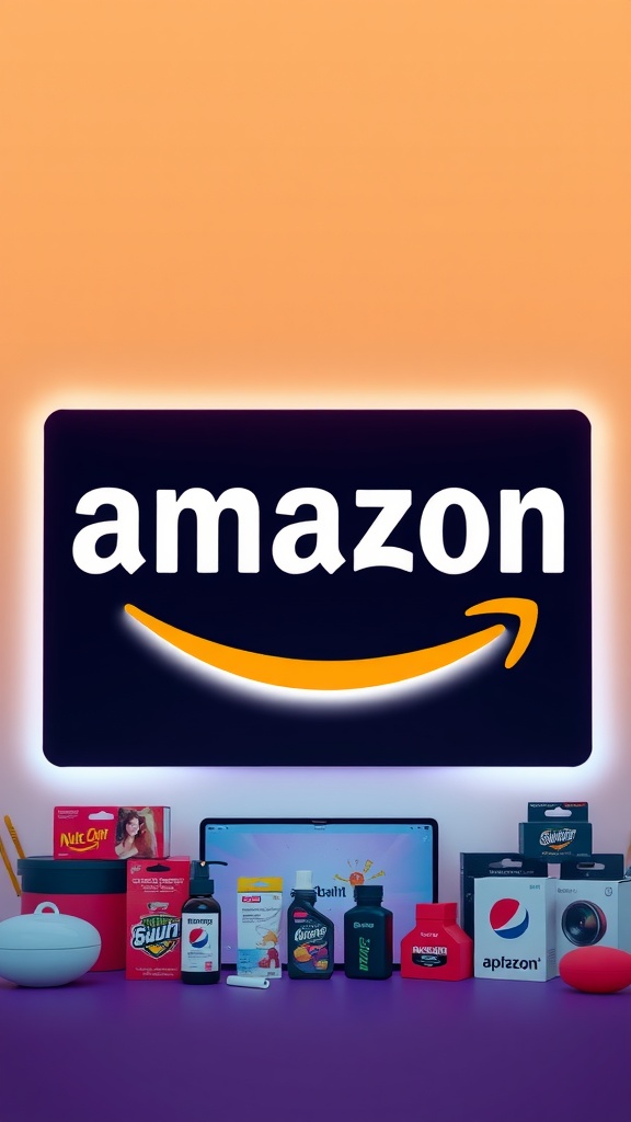 Amazon logo with a variety of products displayed in front of it