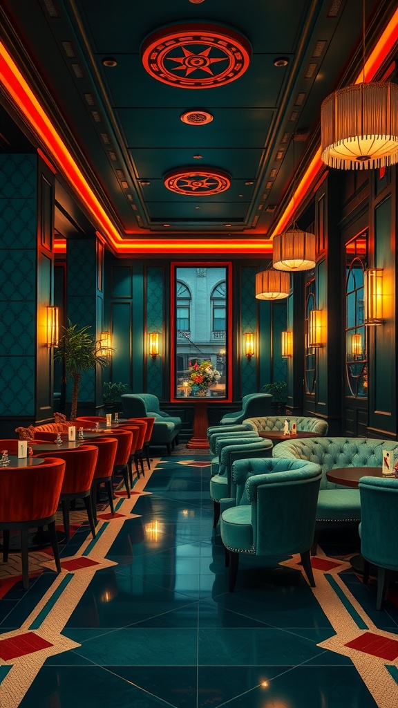An Art Deco inspired lounge featuring teal walls, orange lighting, and plush seating.