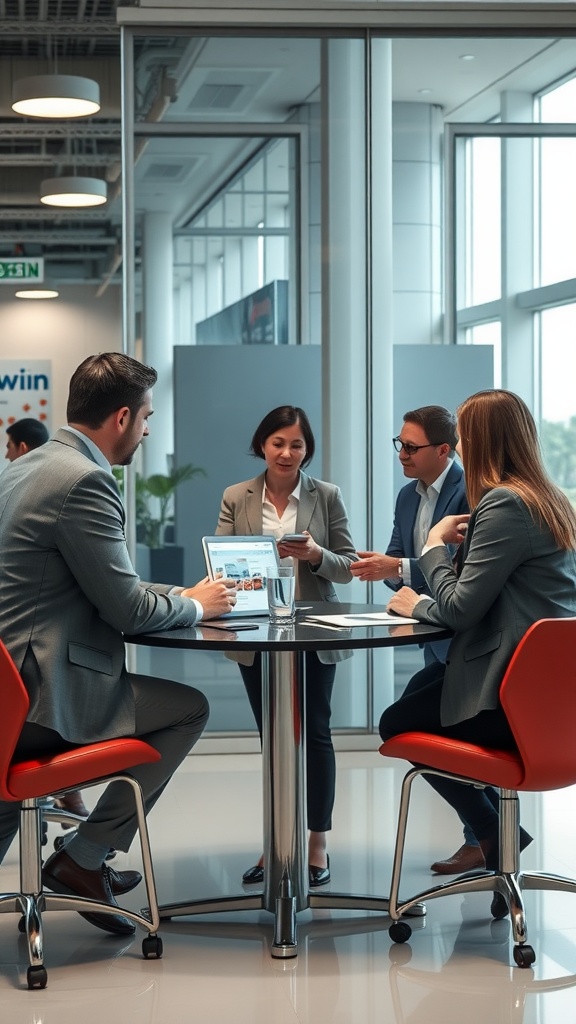 A group of professionals discussing business strategies at a table in a modern office setting.
