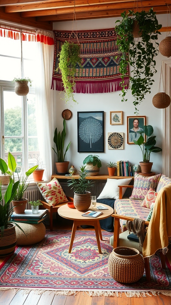 A cozy Bohemian Chic living room with vibrant colors, plants, and eclectic decor.