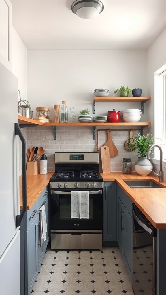 A small kitchen with blue cabinets and wooden countertops, featuring open shelves and stylish decor.