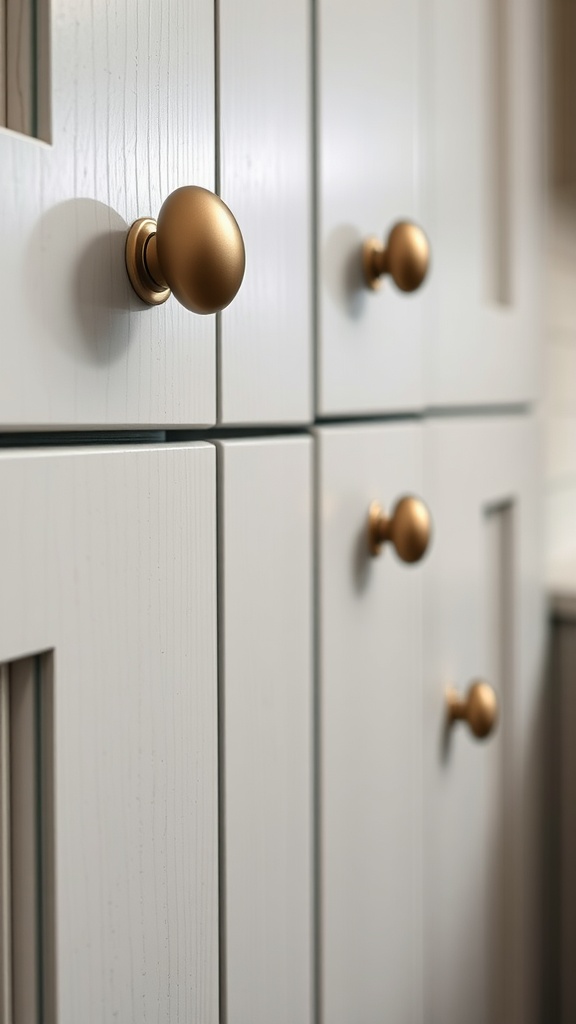 Close-up of cabinet knobs in a small kitchen, showcasing a modern and stylish update.