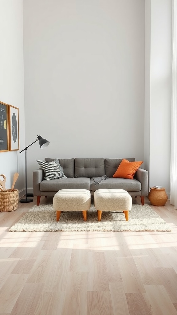 A small living room featuring a gray sofa, two beige ottomans, and a modern lamp, showcasing a clean and airy design.
