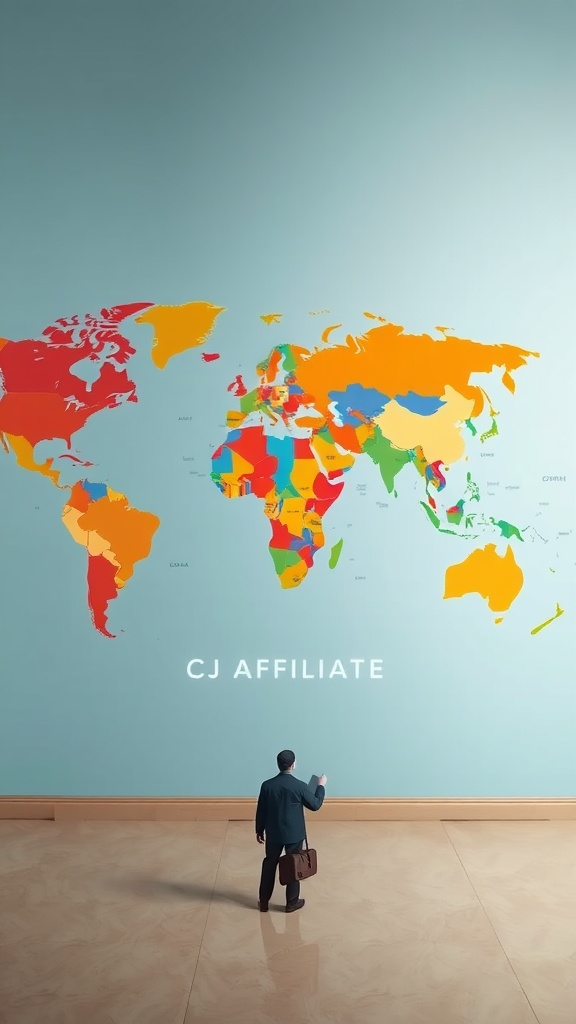 A man in a suit standing before a colorful world map with the text 'CJ Affiliate' displayed prominently.