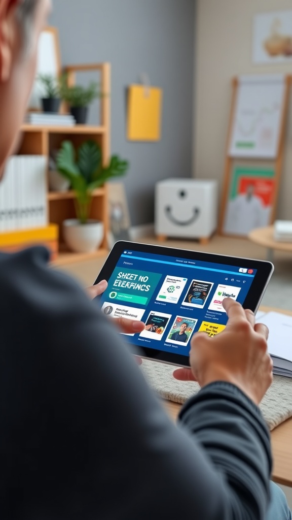 A person using a tablet to browse digital products, set in a cozy home office environment.