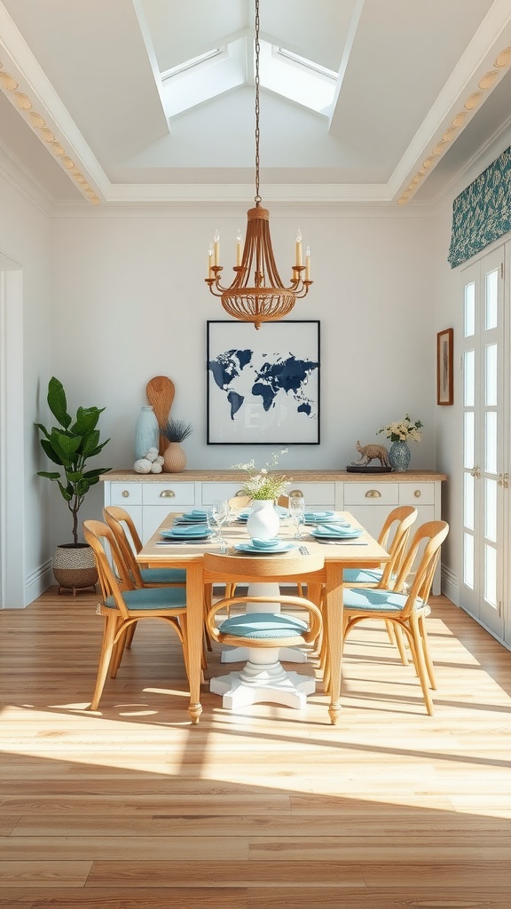 A coastal inspired dining area featuring a wooden table, blue cushions, and a world map on the wall.